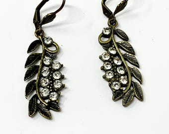 Handmade Bronze Leaf Earrings, Rhinestone Floral Dangle