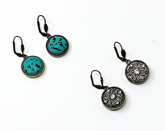 Turquoise Howlite/Druzy, Reconstituted Ivory,Crystal Earrings,Double Sided Earrings##35