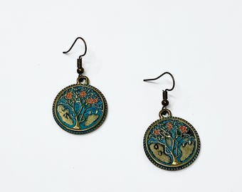 Hammered Earrings, Tree Of Life, Comedy, Tragedy, Large,Disc, Family Tree, Long ##24