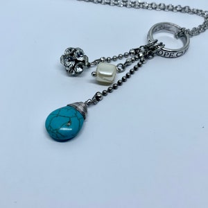 Boho Turquoise Pendant Necklace: Silver Ring, Crystal & White Bead