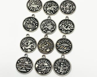 Antique Silver Zodiac Charms, Moon, Double Sided Charm/ Pendant ##14