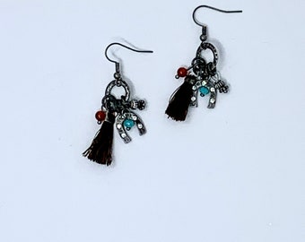 Handmade Boho Gypsy Earrings, Bronze Horseshoe, Turquoise Beads##3