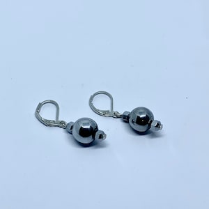 Handmade Hematite Ball Earrings: Dark Gray Silver Jewelry