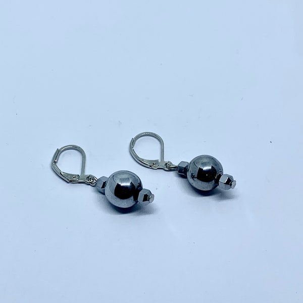 Hematite Earrings, Real Hematite, Ball Hematite Jewelry,Diamond Shaped Earrings, Dark Gray Earrings, Silver Hematite Earrings, Women Gift#60