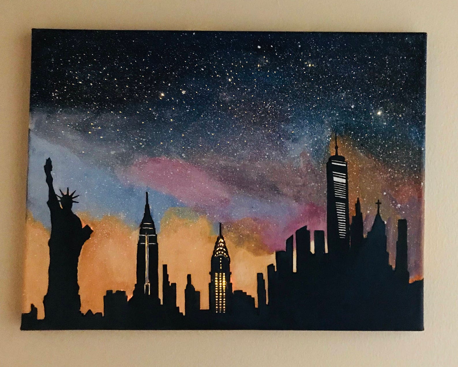 New York Skyline Acrylic Painting, City Painting on Canvas, NY Wall Art