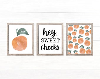 Hey, Sweet Cheeks Peach Wall Art Sign | Set of 3 | Watercolor Peach | Peachy | Wall Decor | Digital Print | Bathroom Decor