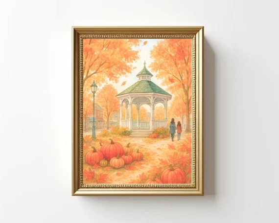 Rory and Lorelai in Stars Hollow Watercolor Print | Printable Fall Art | Stars Hollow Wall Decor