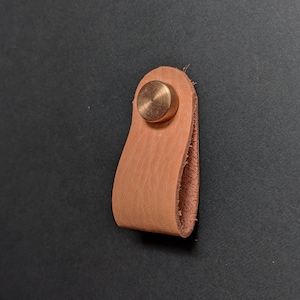May include: A tan leather drawer pull with a brass rivet. The leather is folded into a loop shape. The hardware is a simple, minimalist design.