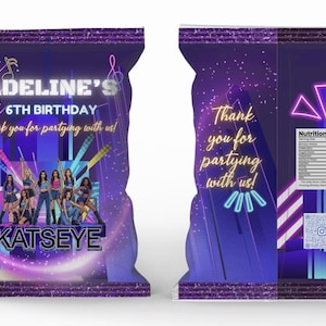 May include: A purple chip bag with the text "ADELINE'S 6TH BIRTHDAY" and "Thank you for partying with us!". The bag features a group of girls and the word "KATSEYE". The back of the bag has nutrition facts.
