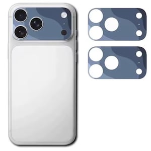 May include: A white phone case with a blue and gray wave design on the camera area. Two additional camera lens protectors with the same design are included. The phone case has a white back and a clear border.