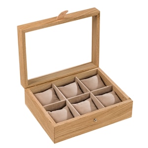 Coffret pour 6 montres en chêne ou noyer massif avec casiers et coussins en suédine beige couvercle vitré / cadeau pour homme