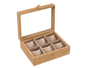 Caja para 6 relojes en roble macizo o nogal con compartimentos y cojines de ante beige con tapa de cristal / regalo para hombre