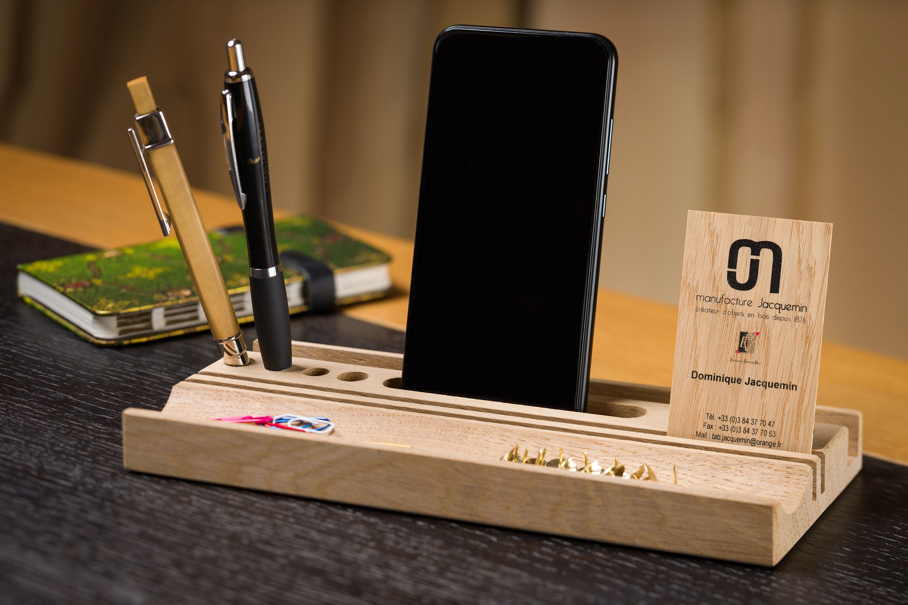 Petit Organiseur de Bureau en 4 Essences Bois avec Emplacement Pour Stylos, Smartphone et Cartes Vis