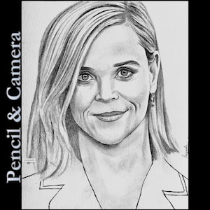 May include: A black and white pencil drawing of a woman with long hair, wearing a collared shirt. The drawing is on a white background.