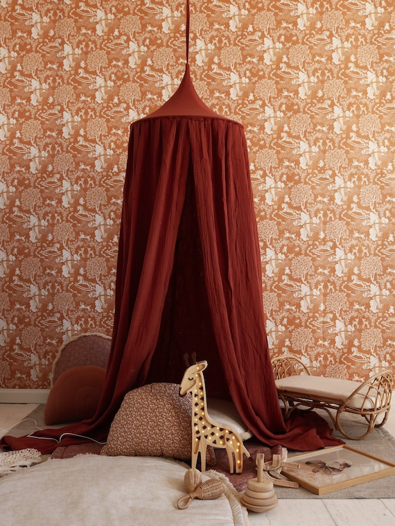 Burgundy muslin bed canopy