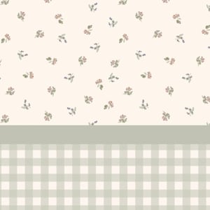 Peut inclure: Un motif sans couture avec un fond crème parsemé de petits motifs floraux roses, violets et verts. En dessous, une bande vert sauge mène à un motif à carreaux de la même couleur.