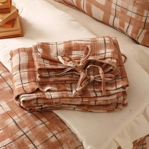 Brown & Pink checked - muslin bedding set, kids bedding set, brown kids bedding set