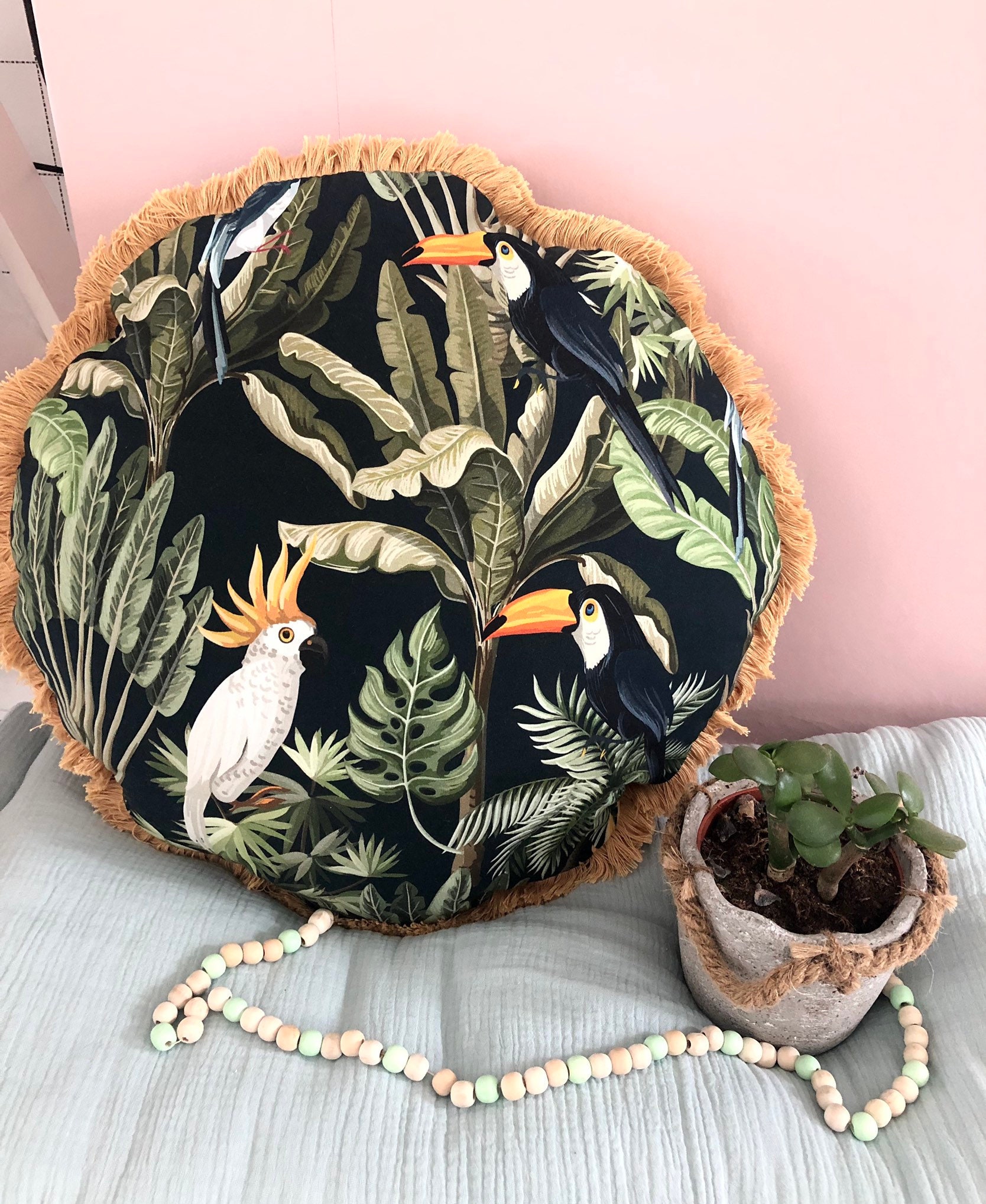 Timeless Jungle Round Pillow Round Jungle Cushion Tropical Etsy UK
