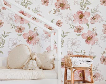 Blush Botanical – Carta da parati floreale in rosa tenue / Carta da parati in tessuto non tessuto per camera da letto e soggiorno