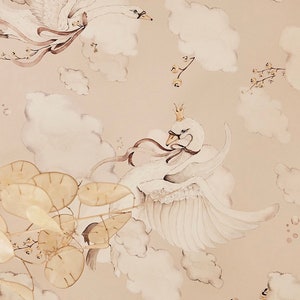 Tapete - Beige Schwan Wandbild, Aquarell Kinderzimmer Tapete, Kinderzimmer Dekor, Vlies, Made to Order
