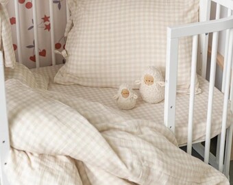 Beige & Sage Gingham – Handmade Muslin Kids Bedding Set