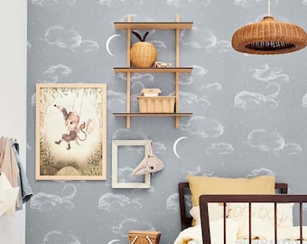 The Night Sky - Blue Wallpaper: Moon and Stars Nursery Wall Decor