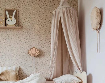 Handmade Muslin Bed Canopy – Beige Duo Stripes, Boho Kids Room Decor