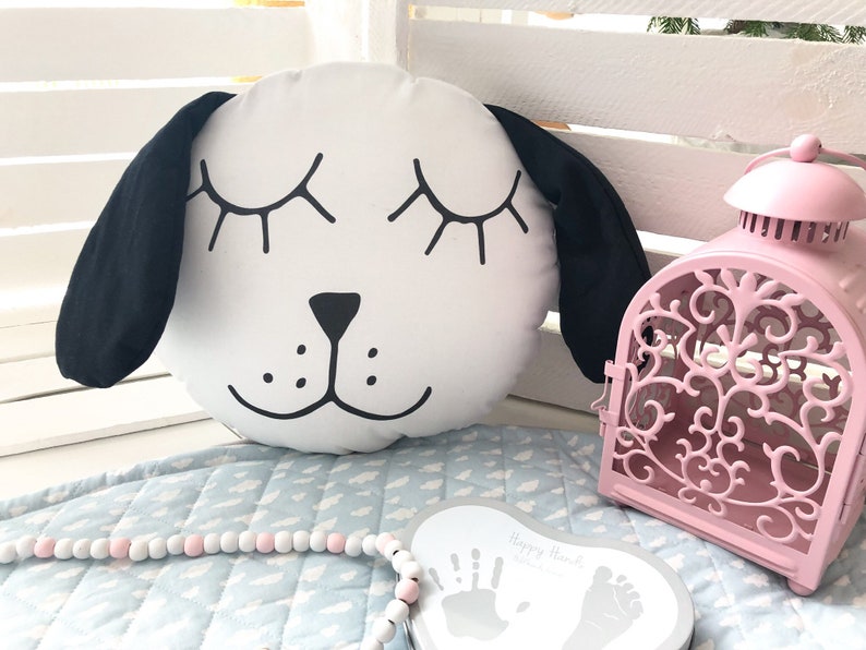 pillow black and white Happy dog II gift for kids cute dog pillow scandi pillow monochrome pillow decoration cushion