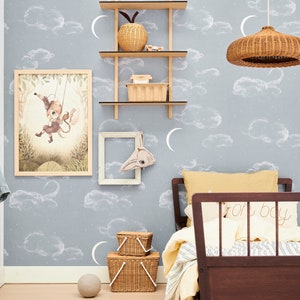 Carta da parati The Night – Cielo azzurro nebbioso, carta da parati per bambini con luna e nuvole, decorazione da sogno per la cameretta dei bambini, tessuto non tessuto, realizzata su ordinazione