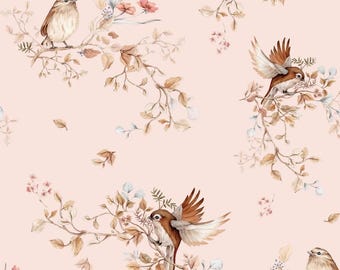Birds on Branches Wallpaper: Blush Pink Nursery Wall Mural
