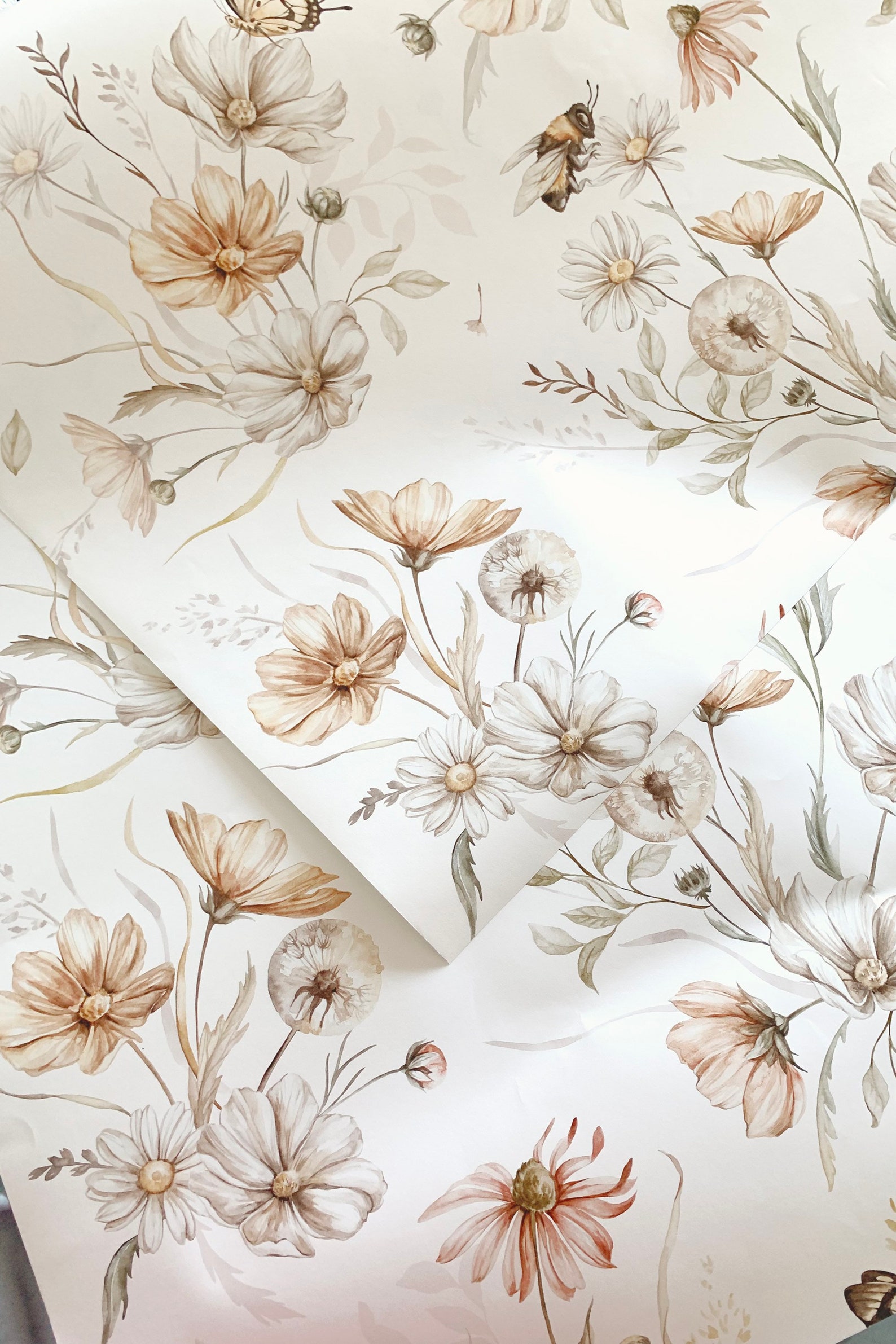 Gold Meadow on White Wallpaper large Flowers Etsy