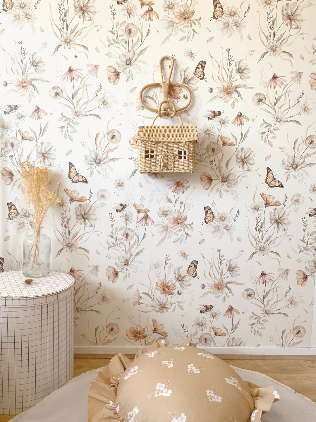 Gold Meadow on White Wallpaper medium Size, Watercolor Wallpaper, Kids