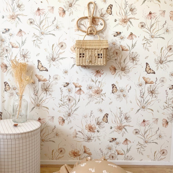 Goldene Wiese auf weiß - Tapete (mittlere Größe), Aquarell Tapete, Kinder Wandbild, Kinder Tapete, zarte Blumentapete,