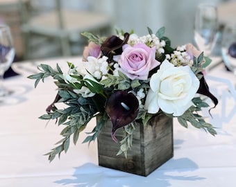 Woodland Centerpiece- Silk Real-touch Flowers: Plum, Purple, Lavender Roses and Calla Lilies, Wedding Party Flowers, Ceremony Decor