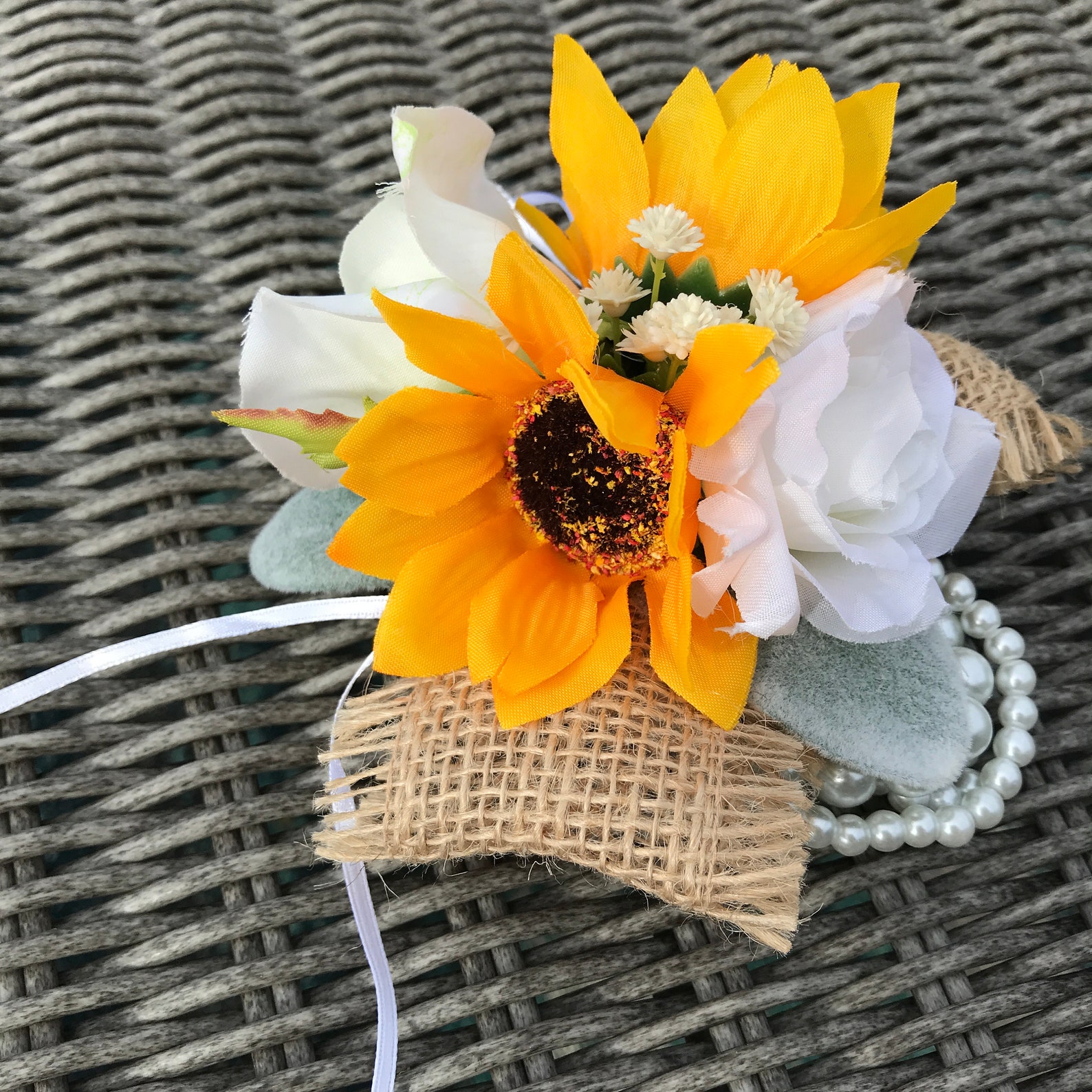Sunflower Wrist Corsages Sunflower and Rose Pearl Wrist Etsy