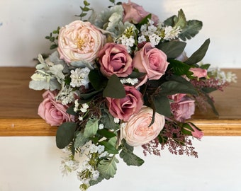 Silk/Real-Touch Mauve Dusty Rose Bouquet, Spring-Summer-Fall Wedding Bouquet, Blush Garden/Cabbage Rose, Dusty Miller Eucalyptus bouquet