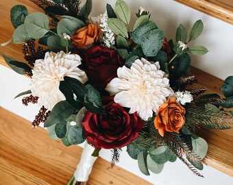 Silk/Real-Touch Fall Bouquet, Champagne Dahlias, Burnt Orange and Burgundy Roses, Fall Wedding Bouquet, Whimsical Boho Eucalyptus bouquet