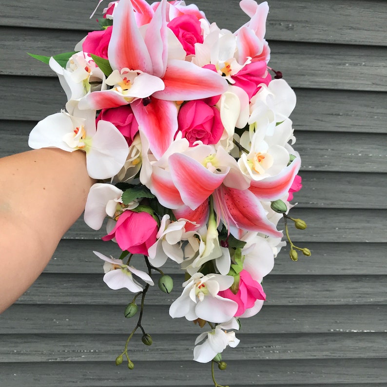 Fuschia Tropical Wedding Bouquets Cascading Bridal Bouquet