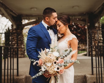 Boho Wedding Bouquet ~ Neutral bridal bouquet, Beige and Blush Flowers, Eucalyptus, Hydrangeas, Panda Anemone, Blush Roses, Dried Pampas