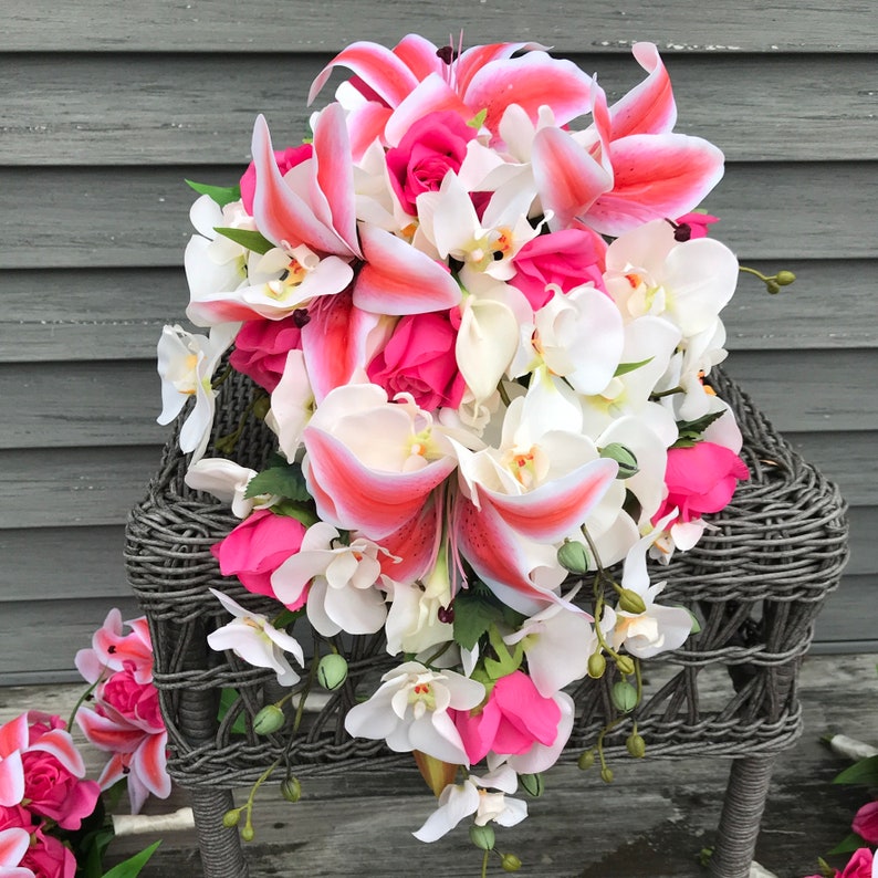 Fuschia Tropical Wedding Bouquets Cascading Bridal Bouquet