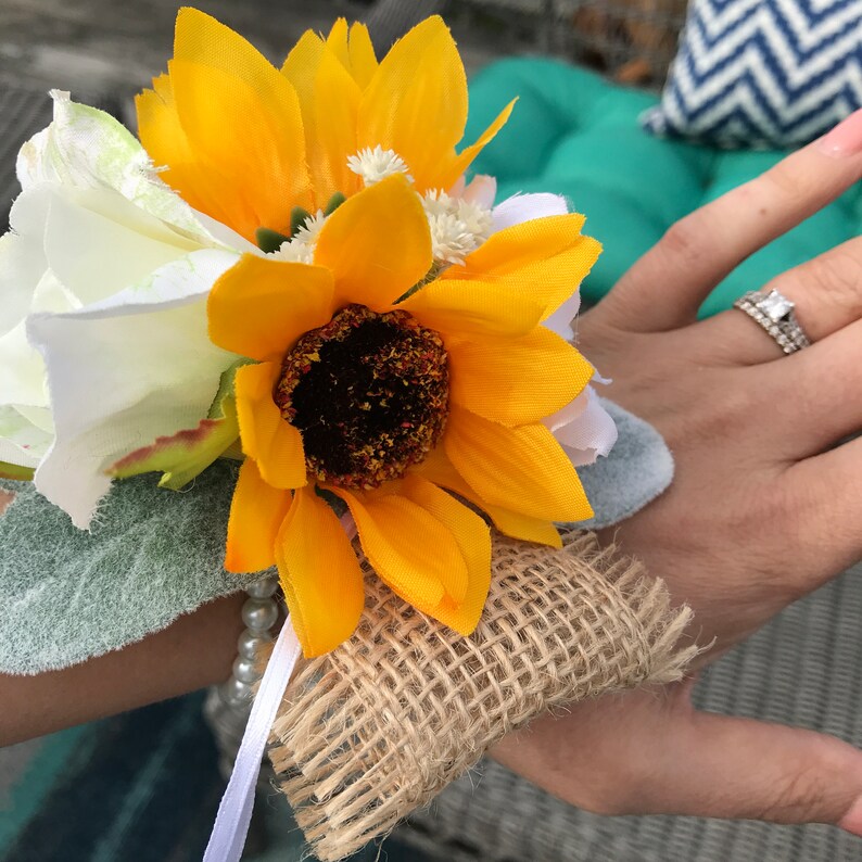 Sunflower Wrist Corsages Sunflower and Rose Pearl Wrist Etsy