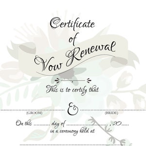 Certificado de RENOVACIÓN DE VOTOS - Certificado de boda con estilo, A4 y carta de EE. UU. Tamaño imprimible, floral, neutral, en blanco, certificado de matrimonio de recuerdo