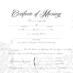 Elegante certificado de boda gay, novio / novio A4 y tamaño carta de EE. UU. Imprimible, gris y blanco, en blanco, certificado de matrimonio de recuerdo