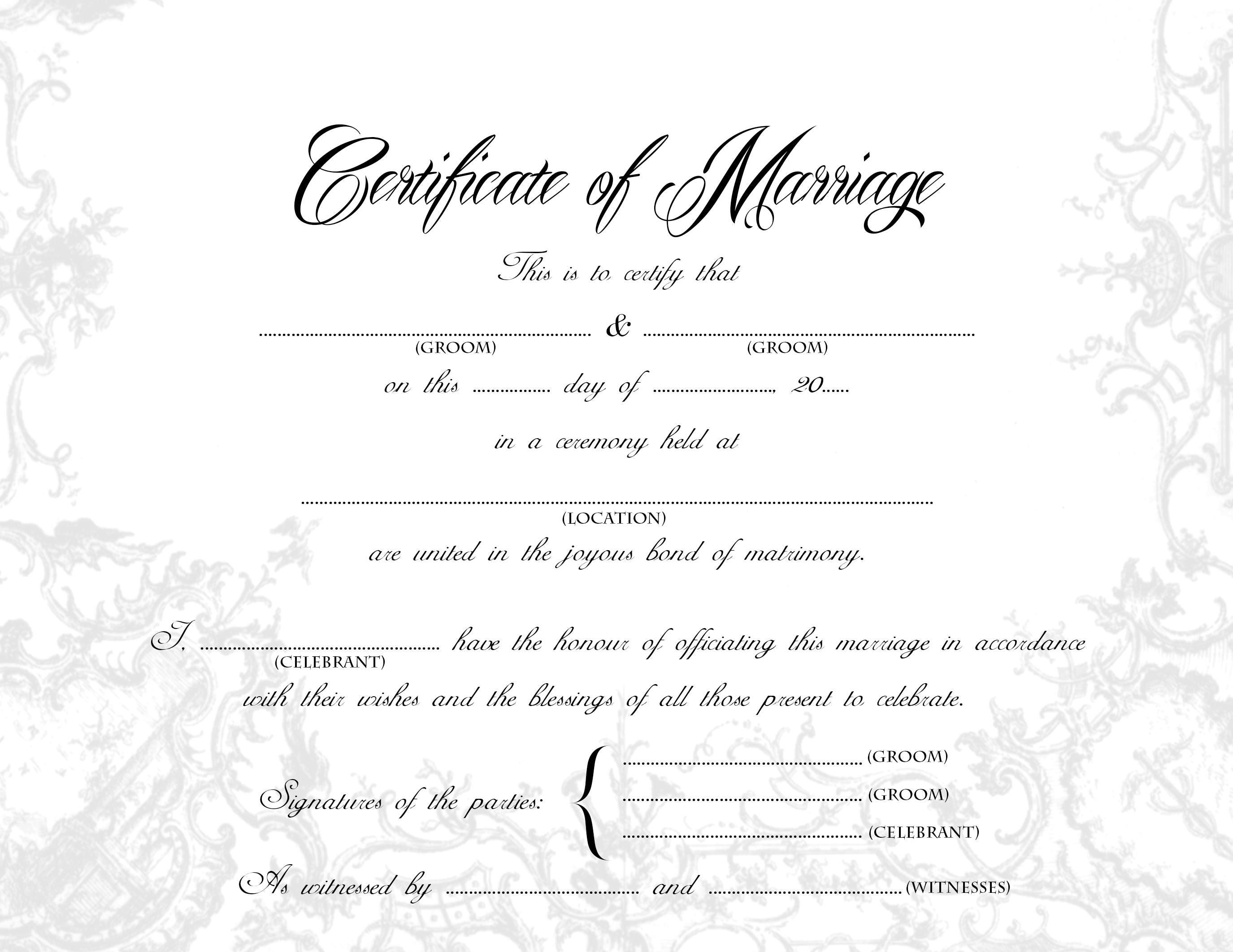 Stylish Gay Wedding Certificate, Groom/Groom A22 & US Legal Size Printable,  Grey and White, Blank, Keepsake Marriage Certificate For Blank Marriage Certificate Template