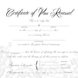Certificado de renovación de VOW - Certificado de boda elegante, tamaño A4 y carta de EE. UU. Imprimible, gris y blanco, en blanco, certificado de matrimonio de recuerdo