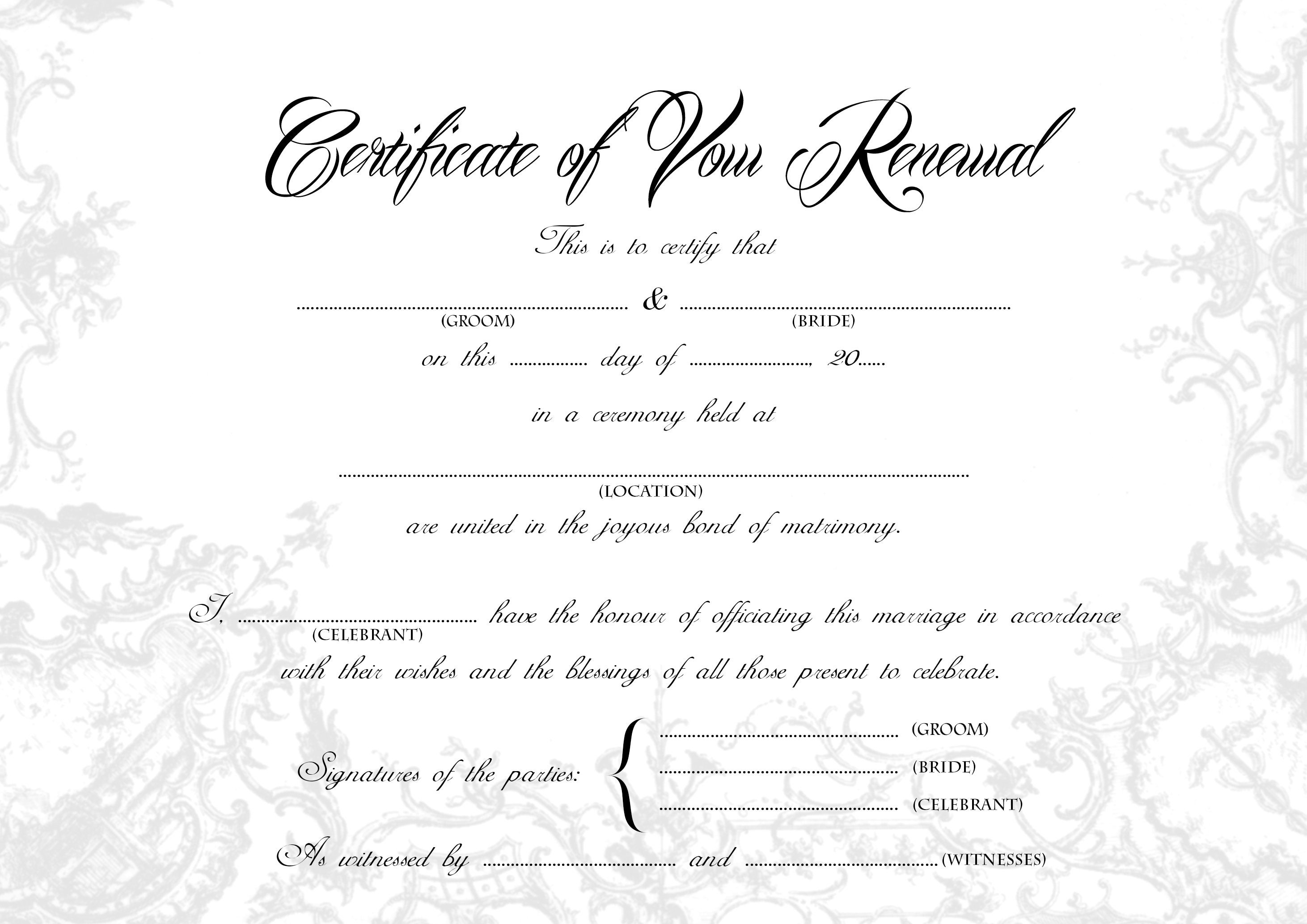 VOW RENEWAL Certificate - Stylish Wedding Certificate, A23 & US Legal Size  Printable, Grey and White, Blank, Keepsake Marriage Certificate Throughout Blank Marriage Certificate Template