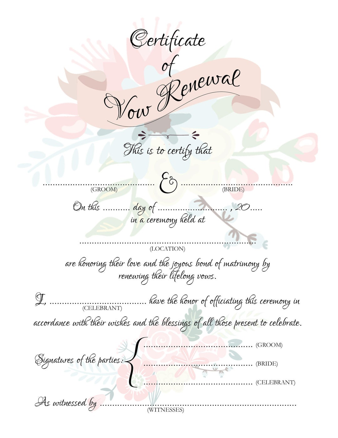 VOW RENEWAL Certificate Stylish Wedding Certificate, A4 & US Letter Size Printable, Floral, Blank, Keepsake Marriage Certificate - Etsy vow-renewal-certificate-stylish-wedding-certificate-a4-us-letter-size-printable-floral-blank-keepsake-marriage-certificate-etsy