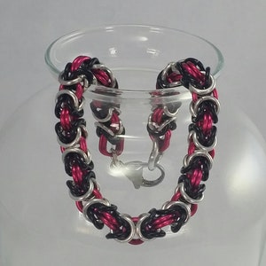 Pink, black, and silver Byzantine chainmaille bracelet