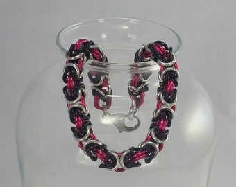 Pink, black, and silver Byzantine chainmaille bracelet