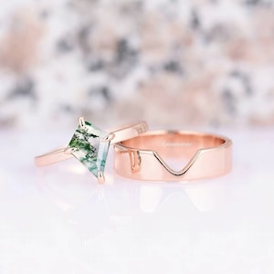 Kite Green Moss Agate His and Hers Ring Set- 14K Rose Gold Vermeil Couples Ring- Green Moss Agate Wedding Ring Set-  Matching Wedding Bands